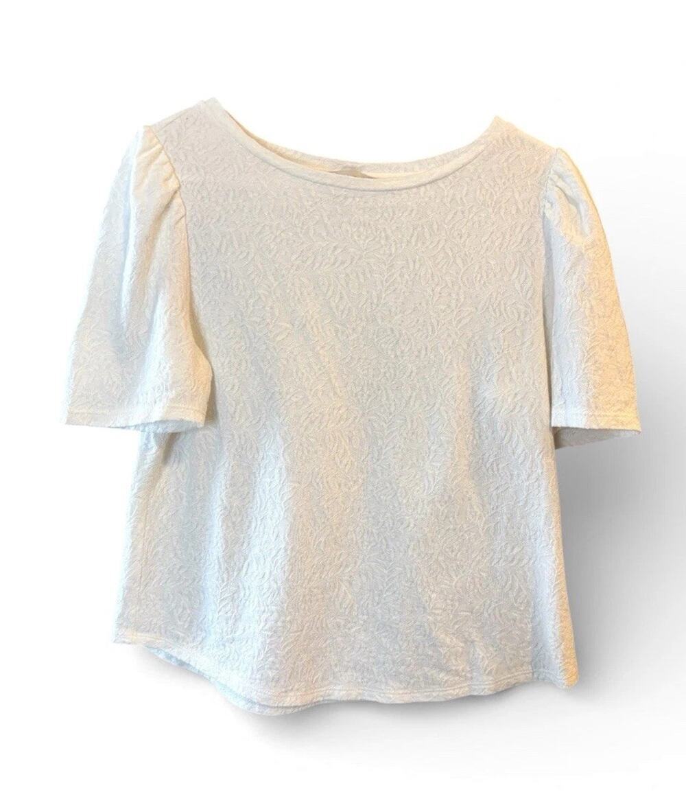 LOFT Cream Leaf Jacquard Short Puff Sleeve Top - Size M - Capsule Wardrobe